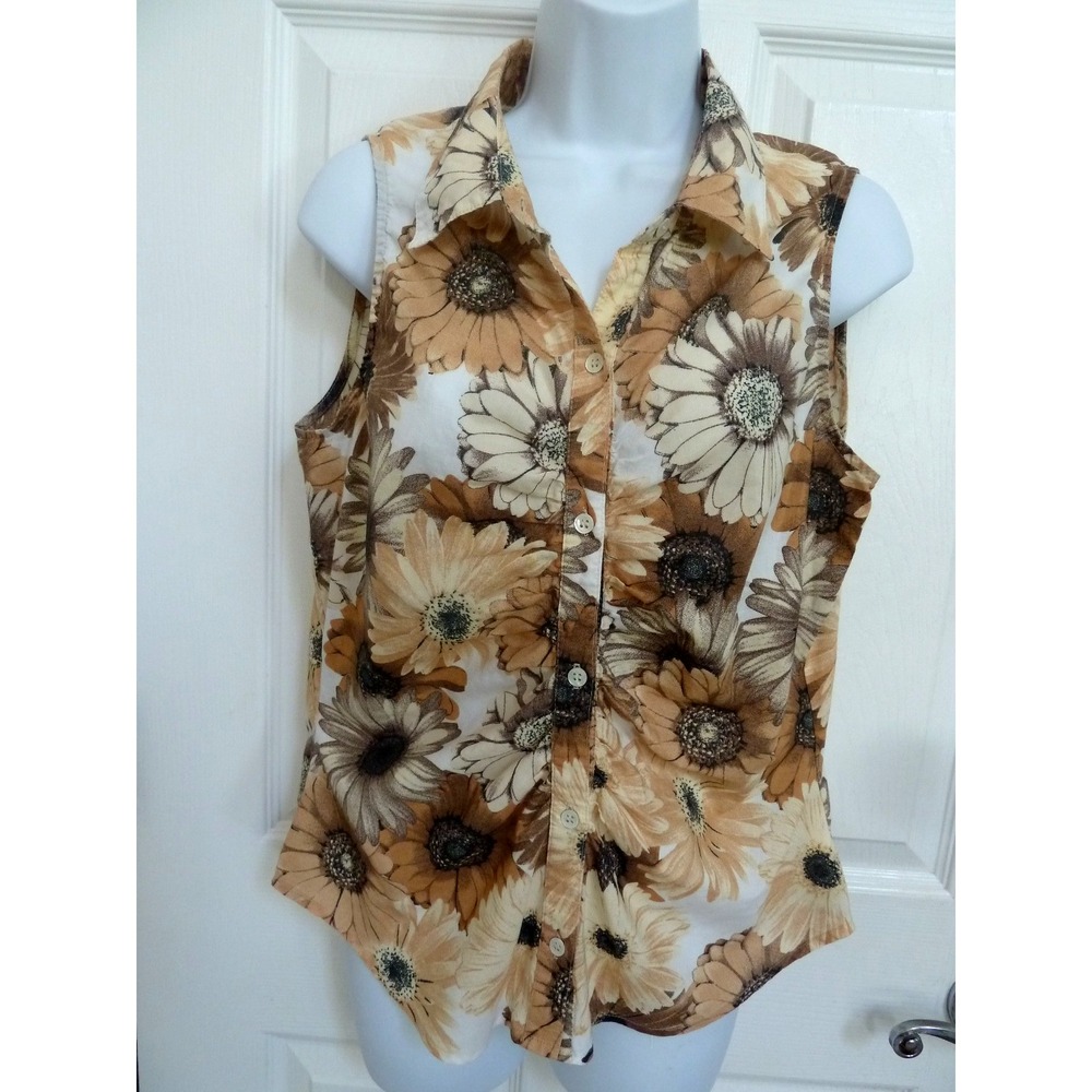 KAREN KANE Sz Medium Sunflower Puckered Blouse Sleeveless Button-Up Floral